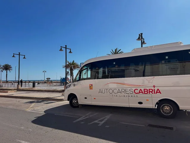 Microbús blanco de Autocares Cabria junto a un paseo con palmeras